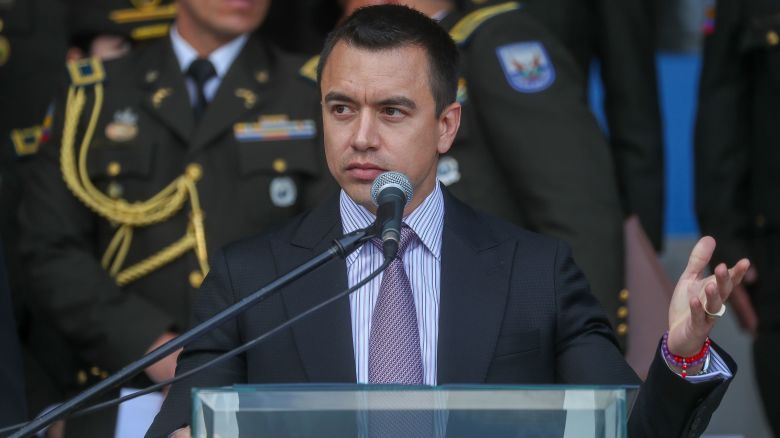 President of Ecuador Daniel Noboa speaks during an event to deliver vests, radios, and other new equipment to Police amid the internal armed conflict declared against organized crime, at the Police School in Quito, Ecuador, 22 January 2024.
