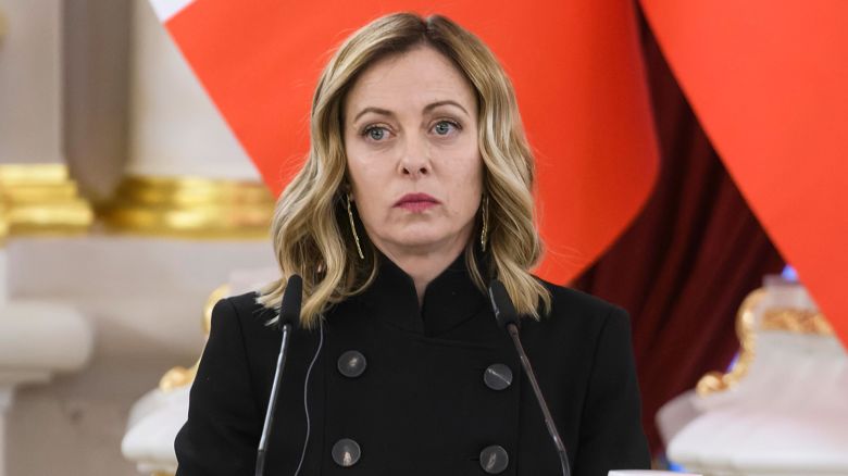 Italian Prime Minister Giorgia Meloni attends a joint press conference in Kyiv on February 24, 2024.