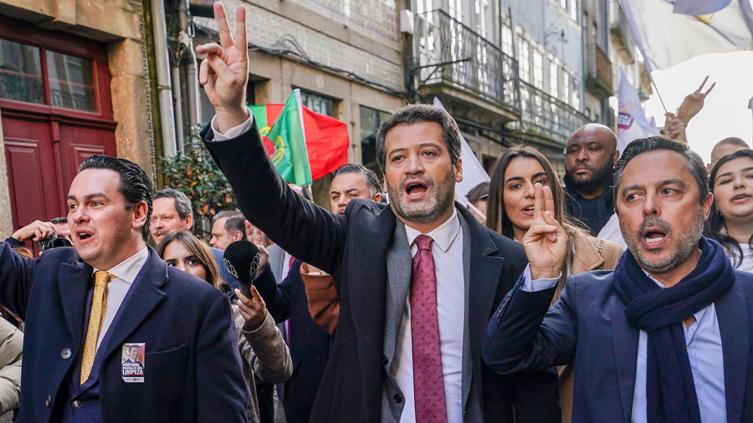 Andre Ventura, center, who leads the right-wing populist Chega party, greets supporters during a campaign rally in Braga, Portugal, on February 27.