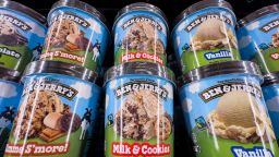 Pints of Ben Jerry's ice cream for sale in a grocery store.