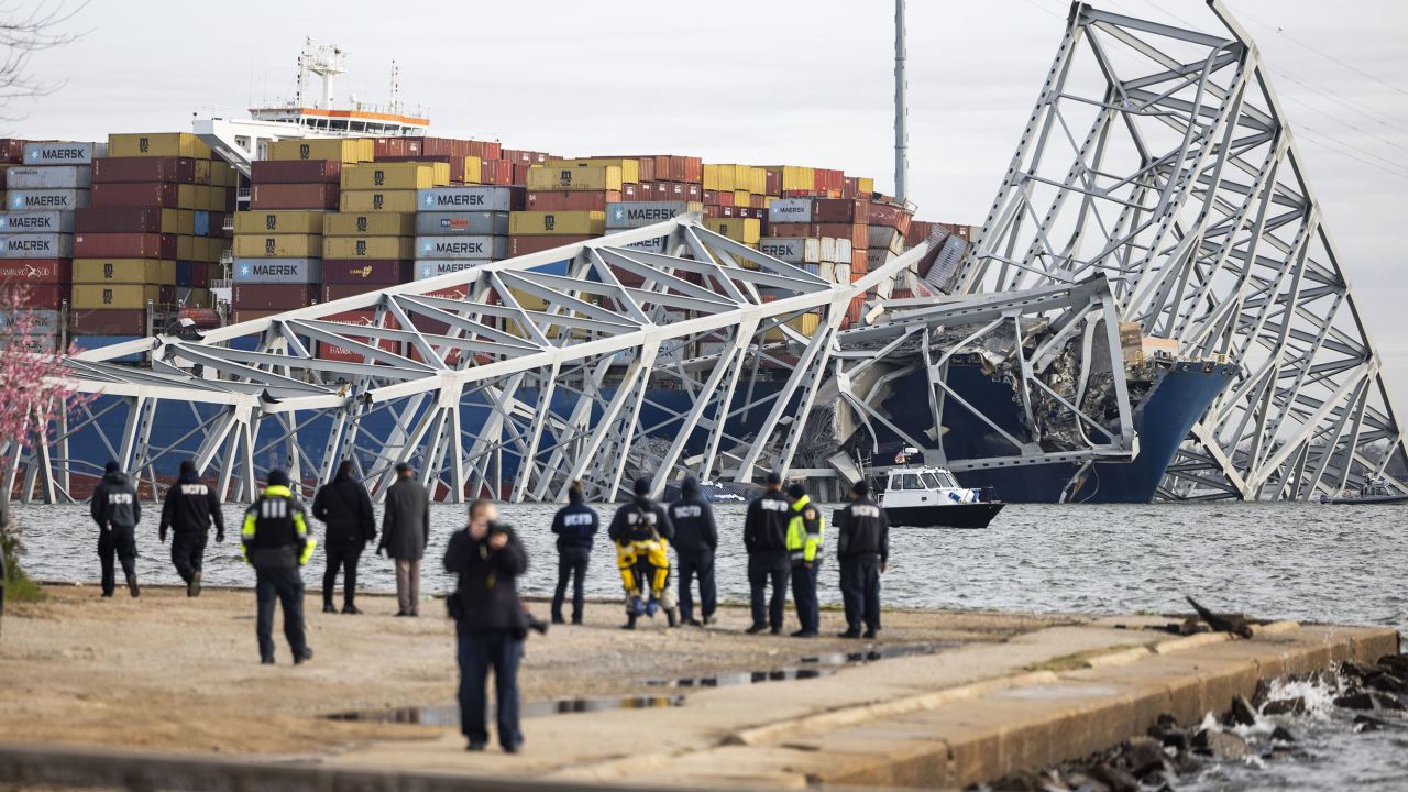 Mandatory Credit: Photo by JIM LO SCALZO/EPA-EFE/Shutterstock (14401955ax)
Rescue personnel gather on the shore of the Patapsco River after a container ship ran into the Francis Scott Key Bridge causing its collapse in Baltimore, Maryland, USA, 26 March 2024. The Maryland Department of Transportation confirmed that the Francis Scott Key Bridge collapsed due to a ship strike on 26 March. According to Baltimore City Fire Department Chief James W. Wallace, a search operation was underway to locate at least seven people believed to be in the waters of the Patapsco River following the incident. 'Sonar has detected the presence of vehicles submerged in the water', Wallace added. The Singapore-flagged cargo ship DALI was traveling from Baltimore to Colombo, Sri Lanka, MarineTraffic confirmed.
Baltimore bridge collapses after being hit by cargo ship, USA - 26 Mar 2024