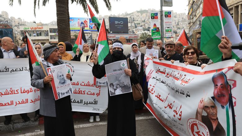 Mandatory Credit: Photo by ALAA BADARNEH/EPA-EFE/Shutterstock (14423970f)
People protest following the death in an Israeli jail of terminally ill Palestinian activist and novelist Walid Daqqa, in the West Bank City of Nablus, 08 April 2024. Walid Daqqa, who spent 39 years in Israeli prisons and had cancer, died on 07 April 2024 in the Israeli Assaf Harofeh Hospital following "years of deliberate medical negligence by the Israeli prison administration", according to a statement by the Detainees and Ex-Detainees' Affairs Commission and the Palestinian Prisoner's Society (PPS).
Protest in Nablus following death of terminally ill Palestinian novelist jailed for 39 years - 08 Apr 2024