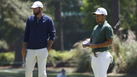 Mandatory Credit: Photo by Tannen MauryUPI/Shutterstock (14432767c)
Scottie Scheffler (L) and Xander Schauffele wait to putt on the fourth hole in the second round of the Masters Tournament at Augusta National Golf Club in Augusta, Georgia on Friday, April 12, 2024.
Masters Golf, Augusta, Georgia, United States - 12 Apr 2024