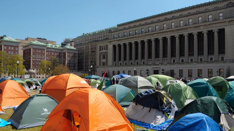 Tents are seen at a pro-Palestine encampment at Columbia University. Pro-Palestine demonstrators rallied on the lawn in Columbia University in Manhattan, New York City condemning the Israel Defense Forces' military operations in Gaza. Since last week, students and pro-Palestine activists at Columbia University have held a sit-in protest on campus, forming a "Gaza Solidarity Encampment." Encampments have been forming in other universities in New York City, as well as in campuses nationwide in support of Palestine. Negotiations are underway between student protestors at Columbia University and the school administration about the removal of the encampment. There has been increasing tension between the student protesters and the university officials regarding the use of law enforcement to disassemble the encampment. Since the war started on October 7, 2023, Gaza's health ministry said more than 34,000 people have been killed in Gaza, a territory ruled by Hamas. The death toll does not differentiate between civilians and combatants. Pro-Palestine Encampment at Columbia University in New York City, US - 26 Apr 2024