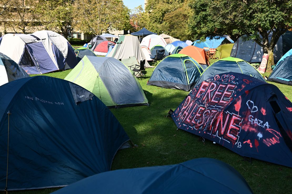 Tents at a pro-Palestine encampment at the University of Melbourne, on May 2, 2024.