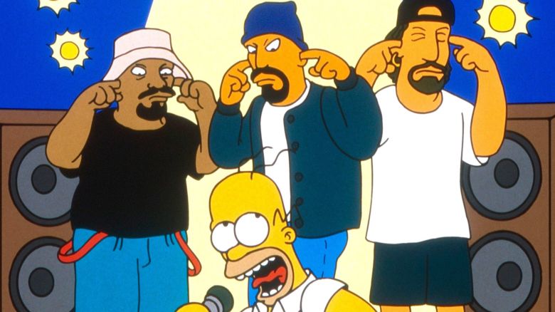 THE SIMPSONS, Cypress Hill (back from left): Sen-Dog (aka Sen D.O.G. - voice: Sen D.O.G.), B-Real (voice: B-Real), Deejay Muggs (aka DJ Muggs - voice: Deejay Muggs) front: Homer Simpson, 'Homerpalooza', (Season 7, ep. 724, aired May 19, 1996).