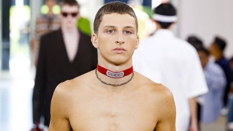 Mandatory Credit: Photo by Pixelformula/SIPA/Shutterstock (14544222at)
A model wearing an original creation from the summer 2025 ready to wear mens collections from the house of Gucci
Menswear, summer 2025, Gucci, Milano, Italy - 17 Jun 2024