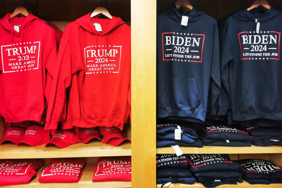 Joe Biden and Donald Trump hoodies on sale at Newark Liberty International Airport in New Jersey in July 2024.