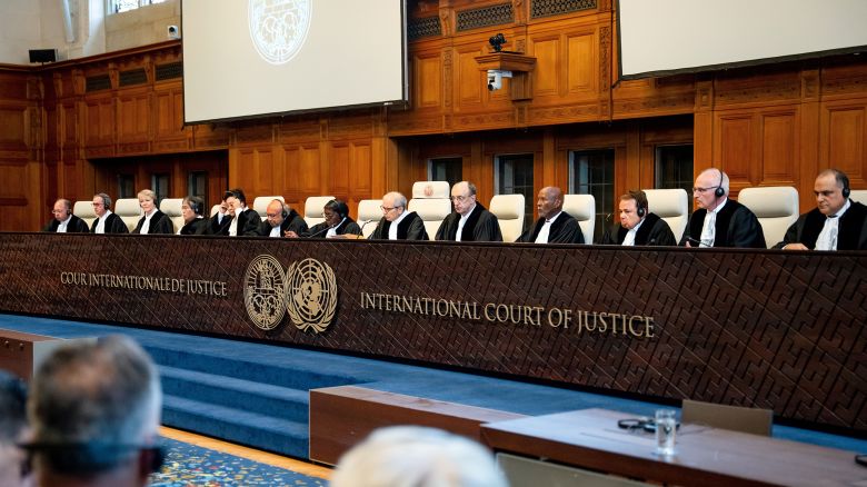The jury members, in the middle President Nawaf Salam, during a non-binding opinion on the legal consequences of the Israeli occupation of the West Bank and East Jerusalem, at the International Court of Justice in The Hague, the Netherlands on Friday.