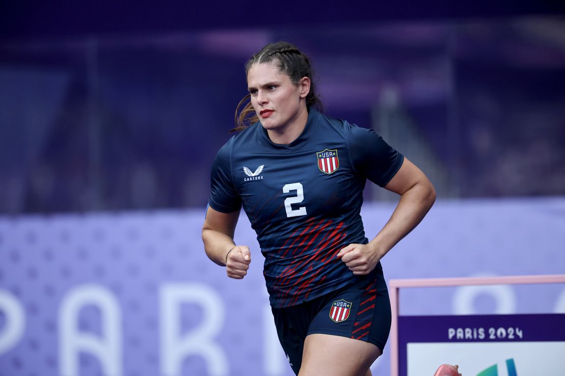 US women’s rugby center Ilona Maher helped Team USA win a bronze medal Tuesday in the rugby sevens competition against Australia in the 2024 Paris Games.