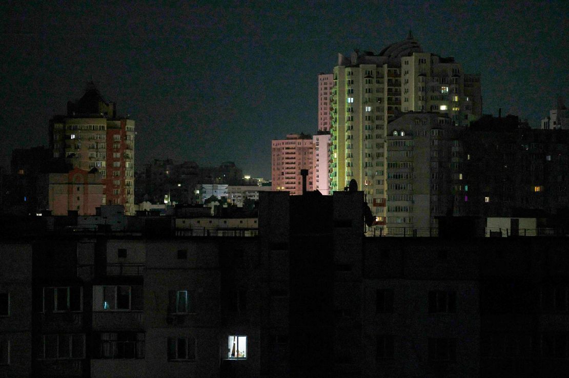 A residential area in Kyiv is plunged into darkness during an electricity blackout on Monday.