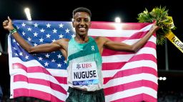 Mandatory Credit: Photo by Daniela Porcelli/SPP/Shutterstock (14698534n)
Zurich, Switzerland, September 5th 2024: Yared Nuguse (USA) celebrates his victory during the 1500m Men event at the Wanda Diamond League Weltklasse Zurich at Stadion Letzigrund in Zurich, Switzerland. (Daniela Porcelli / SPP)
Diamond League - Weltklasse Zurich - Day 2, Zurich, Switzerland, September 5th 2024:, Zurich, Switzerland - 05 Sep 2024