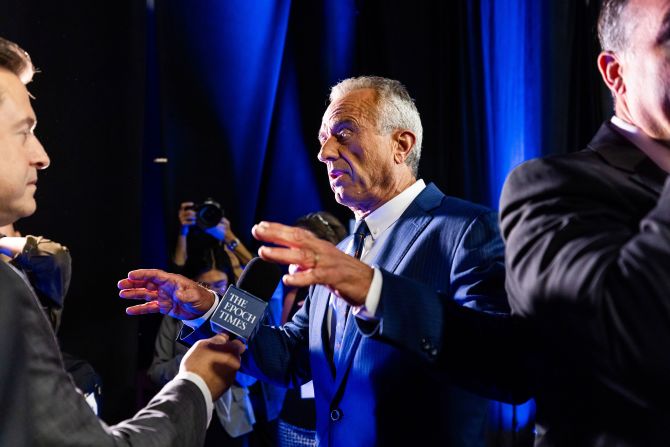 Robert F. Kennedy Jr. talks to the media Tuesday in Philadelphia. Kennedy suspended his independent presidential bid last month, urging his supporters to back Trump.