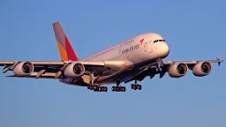 Mandatory Credit: Photo by Urbanandsport/NurPhoto/Shutterstock (14723105a)
The Korean company Asiana Airlines expands its operations between Seoul and Barcelona with the arrival at El Prat airport of the Airbus A380 to replace the A350. In the photo, the arrival of an Airbus A380-841 in Barcelona, Spain, on September 14, 2024.
Asiana Airlines flies to Barcelona with the Airbus A380, Spain - 14 Sep 2024