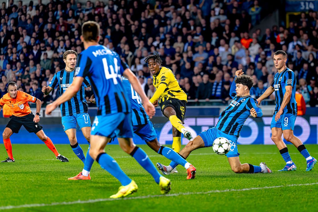 Jamie Gittens scores his second against Club Brugge.