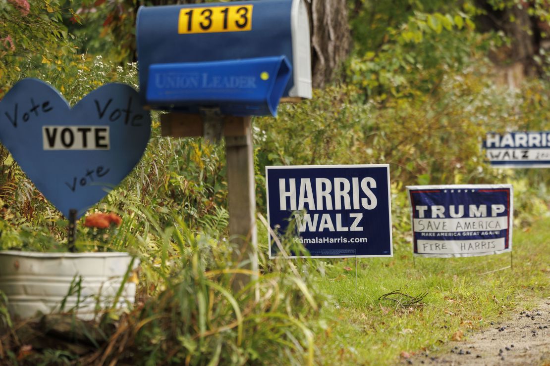 Campaign signs are seen in Francestown, New Hampshire, on September 25, 2024.