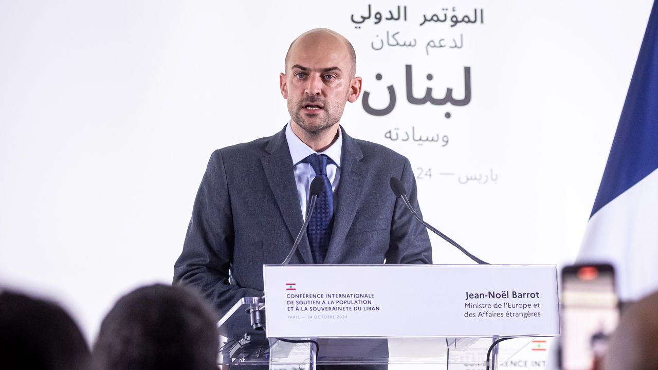 French Foreign Affairs Minister Jean-Noel Barrot speaks during a press conference at an international aid conference in support of Lebanon, in Paris, France, on October 24.