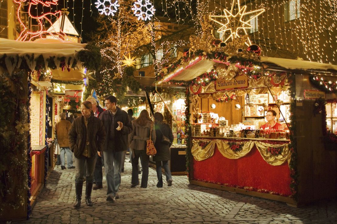 Basel Christmas Market is made up of decorated stalls selling Christmas spices, decorations and candles.