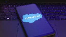 The Salesforce logo appears on the screen of a smartphone in Reno, United States, on November 29, 2024.