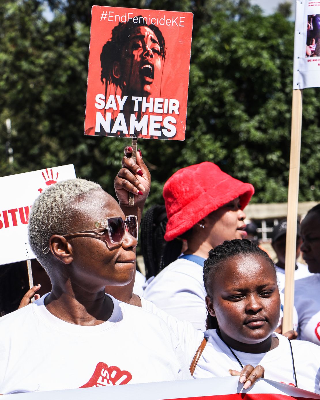 Human rights activists march in the streets of Nakuru, Kenya, to demonstrate against rising cases of violence against women in December 2024.