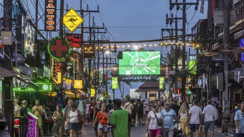 Crowds of people on Bangla Street in Phuket Island, Thailand on November 25, 2024.
