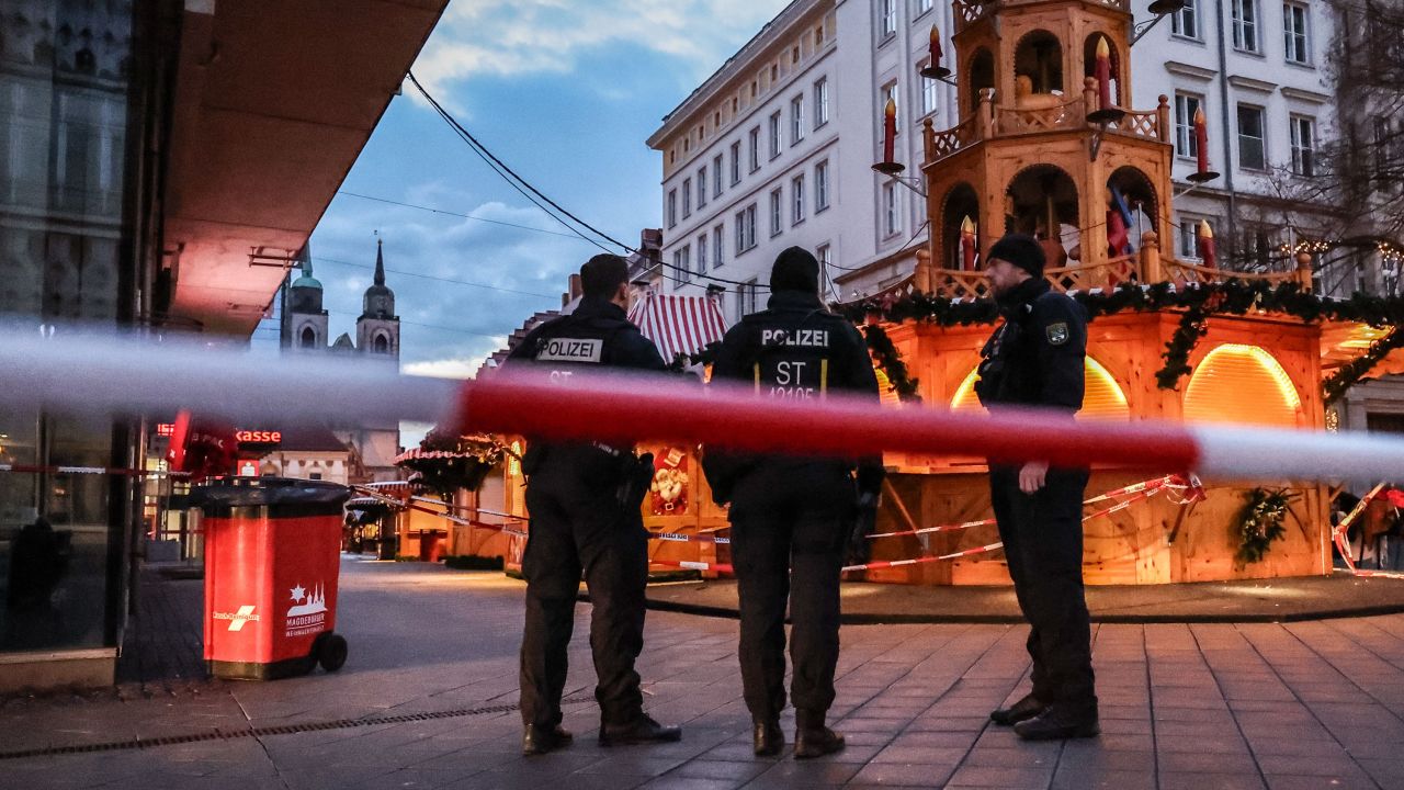 Police patrol next to the Christmas market in Magdeburg, Germany, 22 December 2024. According to Saxony-Anhalt State Premier Haseloff, five people were confirmed dead and at least 200 were injured, after a car was driven into a crowd at Magdeburg's Christmas market on 20 December. The suspect, a Saudi national, was taken into custody. Tributes at the site of the Magdeburg Christmas market ramming attack, Berlin, Germany - 22 Dec 2024