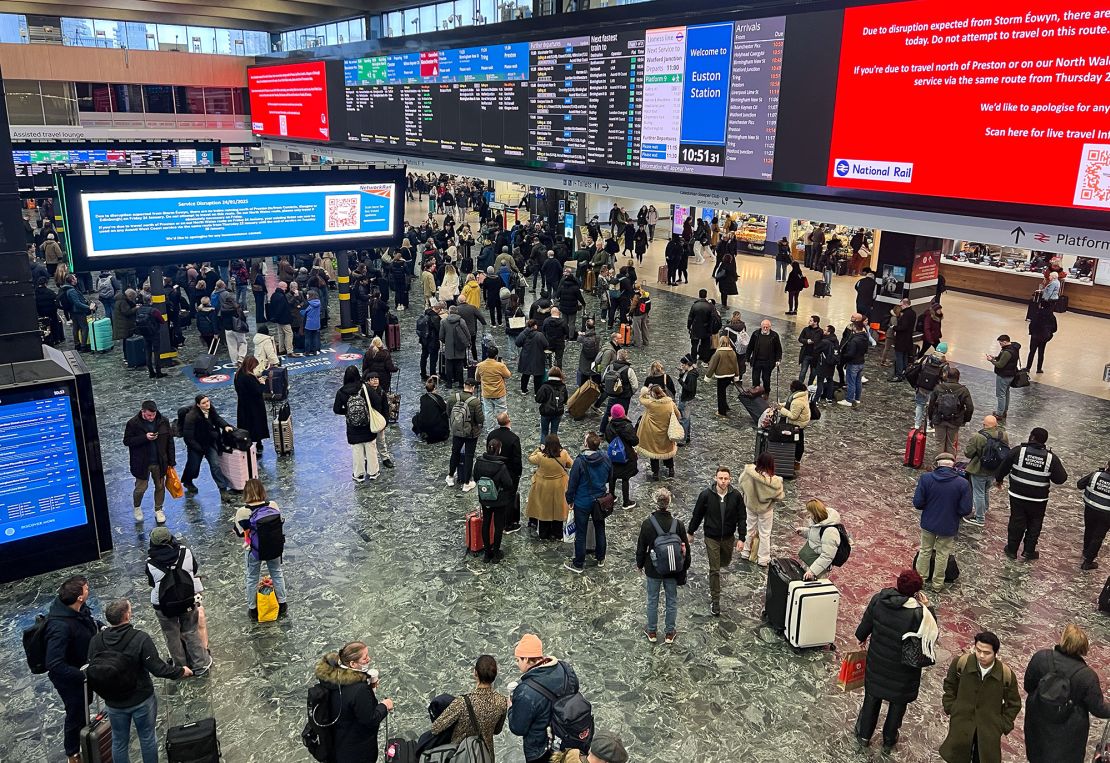 Passengers at London Euston station face significant disruption caused by Éowyn.