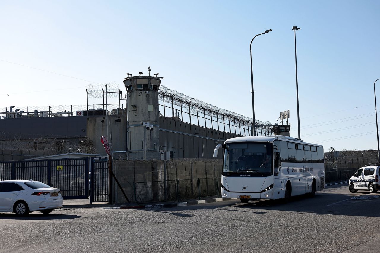 A coach waits outside the military prison of Ofer in Israeli-occupied West Bank, on Thursday.