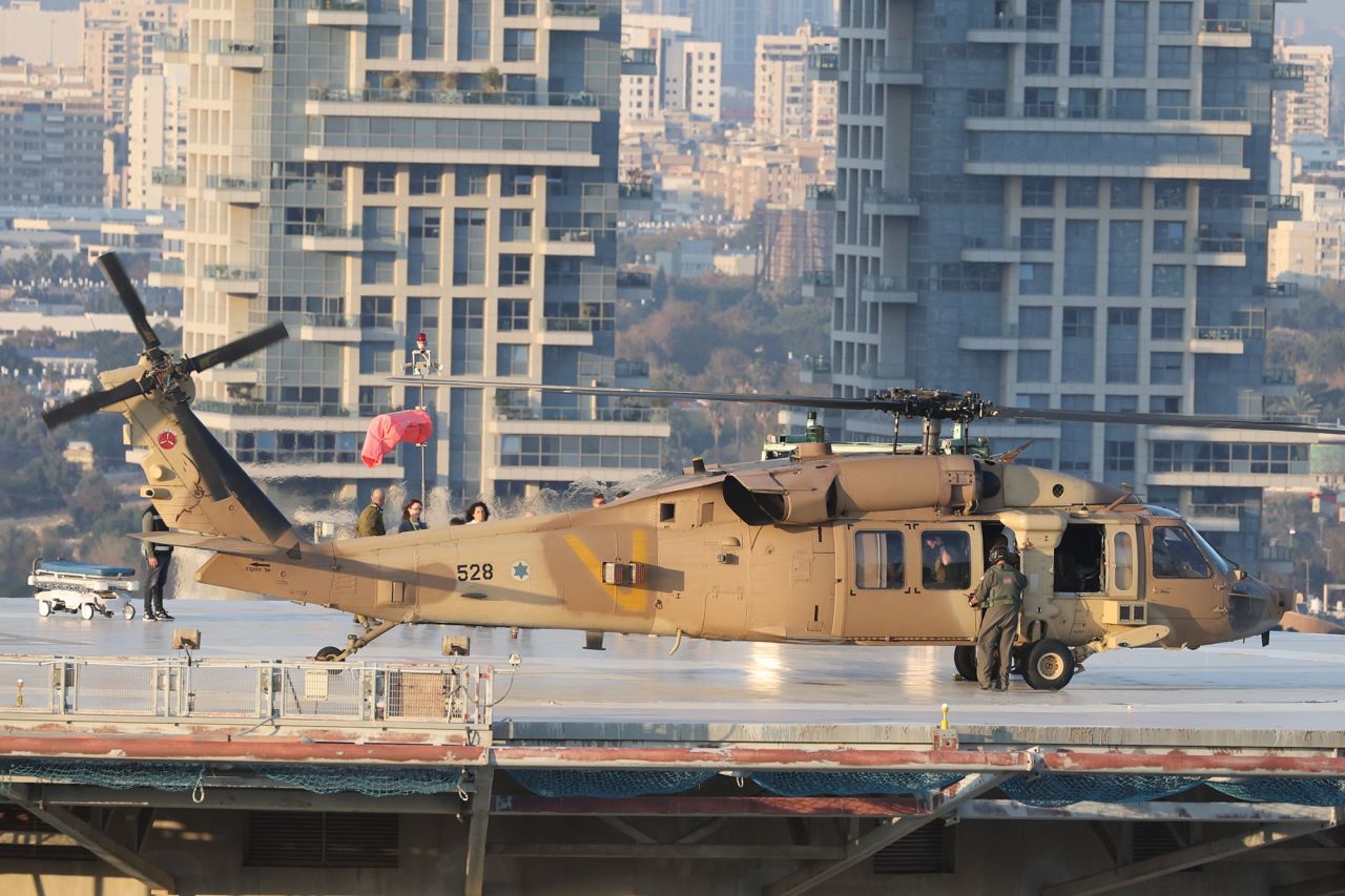 A military helicopter carrying released Israeli hostage Gadi Mozes lands at the Sourasky Medical Center - Ichilov hospital helipad in Tel Aviv, Israel, on Thursday.