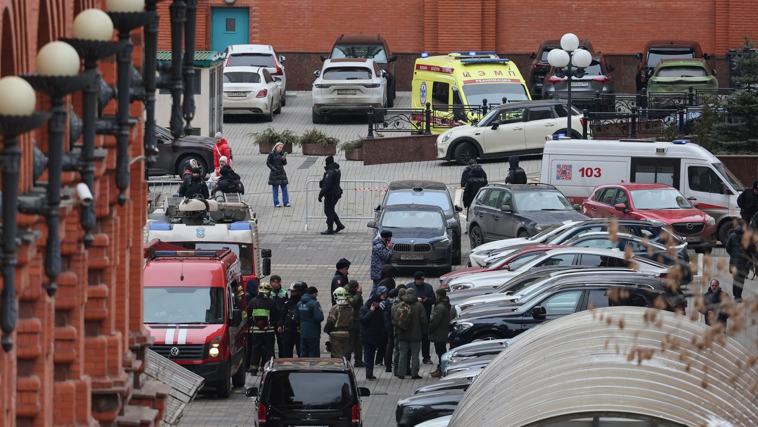 Russian Emergencies Ministry firefighters, police officers and investigators work at the site of an explosion at the Aliye Parusa residential complex in Moscow, Russia on February 3, 2025.