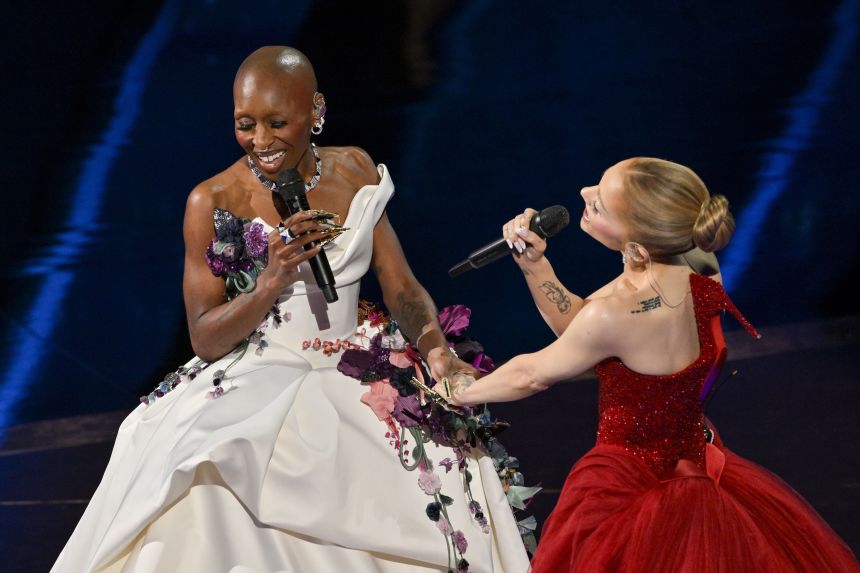 Cynthia Erivo and Ariana Grande perform at the 2025 Academy Awards in Los Angeles, on March 2.