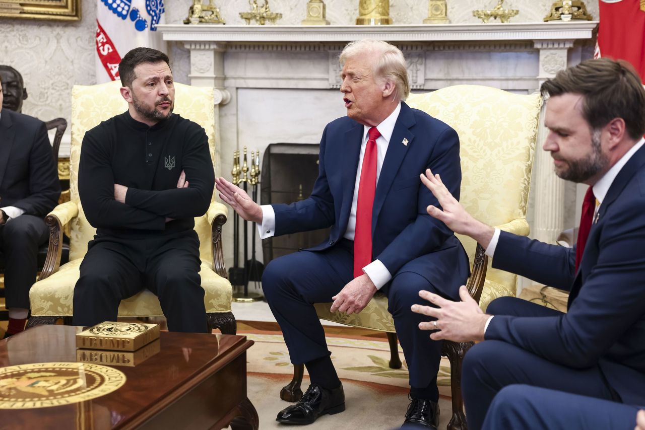 Ukrainian President Volodymyr Zelensky meets with US President Donald Trump and US Vice President JD Vance in the Oval Office of the White House on Friday.