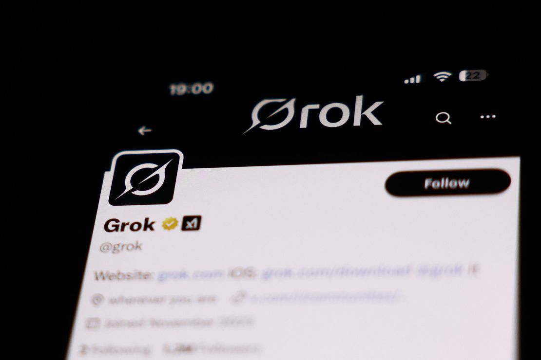 A Grok account on X is displayed on a phone screen.