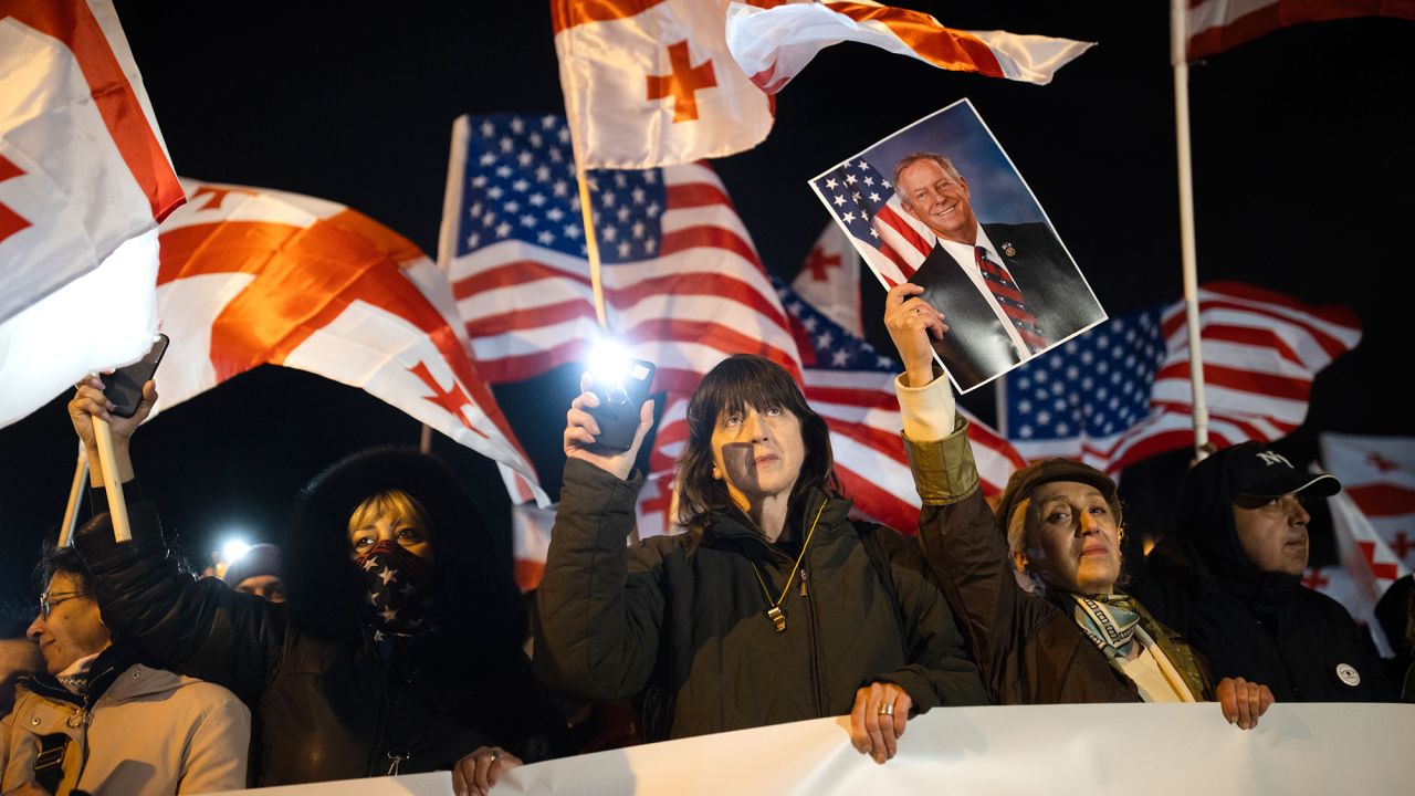 Mandatory Credit: Photo by Sébastien Canaud/NurPhoto/Shutterstock (15218257g)
On March 22, 2025, in Tbilisi, people march in support of the ''Friend Act-Megobari Act'' on the 115th day of protest.
115th Day Of Protest: March In Support Of The "Friend Act-Megobari Act" , Tbilisi, On March 22, 2025, Tbilsi, Georgia - 22 Mar 2025