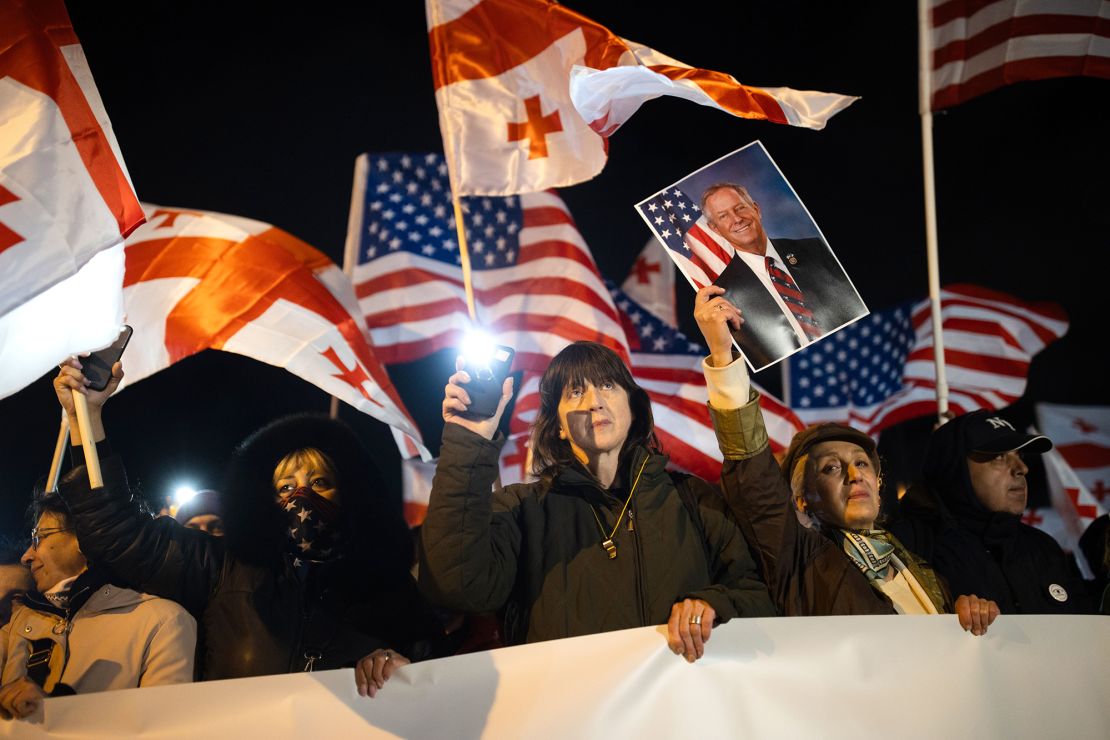 Protesters march on March 22, 2025, in Tbilisi in support of the Megobari Act, which has passed in the US House of Representatives and been introduced in the US Senate.