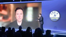 Elon Musk speaks via video link with Matteo Salvini, leader of the Lega per Salvini Premier party, during the Lega party federal congress in Florence, Italy, on April 5, 2025.