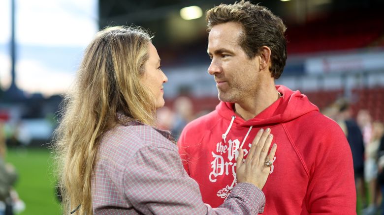 (From left) Blake Lively and Ryan Reynolds at the Wrexham A.F.C.-Charlton Athletic English football game on Saturday in Wales.