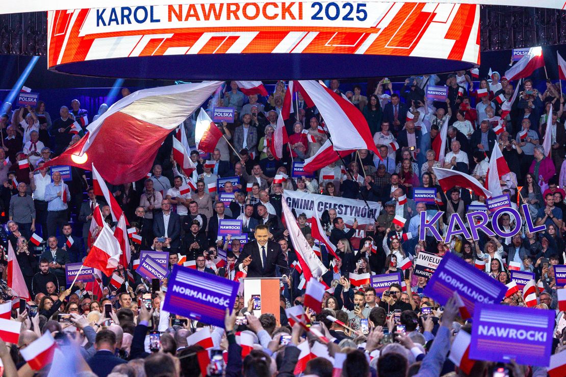 Polish presidential candidate Karol Nawrocki speaks at an event in Lodz in April.