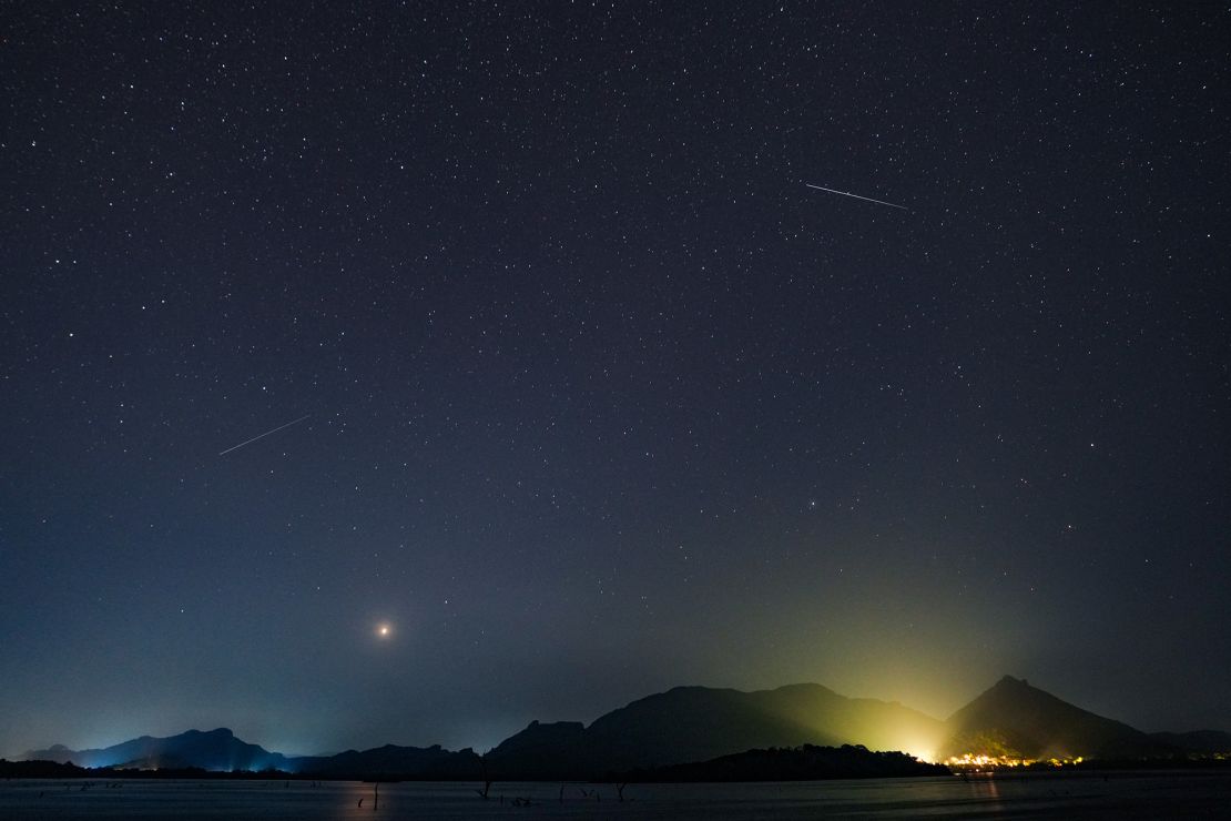 The Eta Aquariid meteor shower appears in the night sky in Kandalama, Sri Lanka, on May 5.