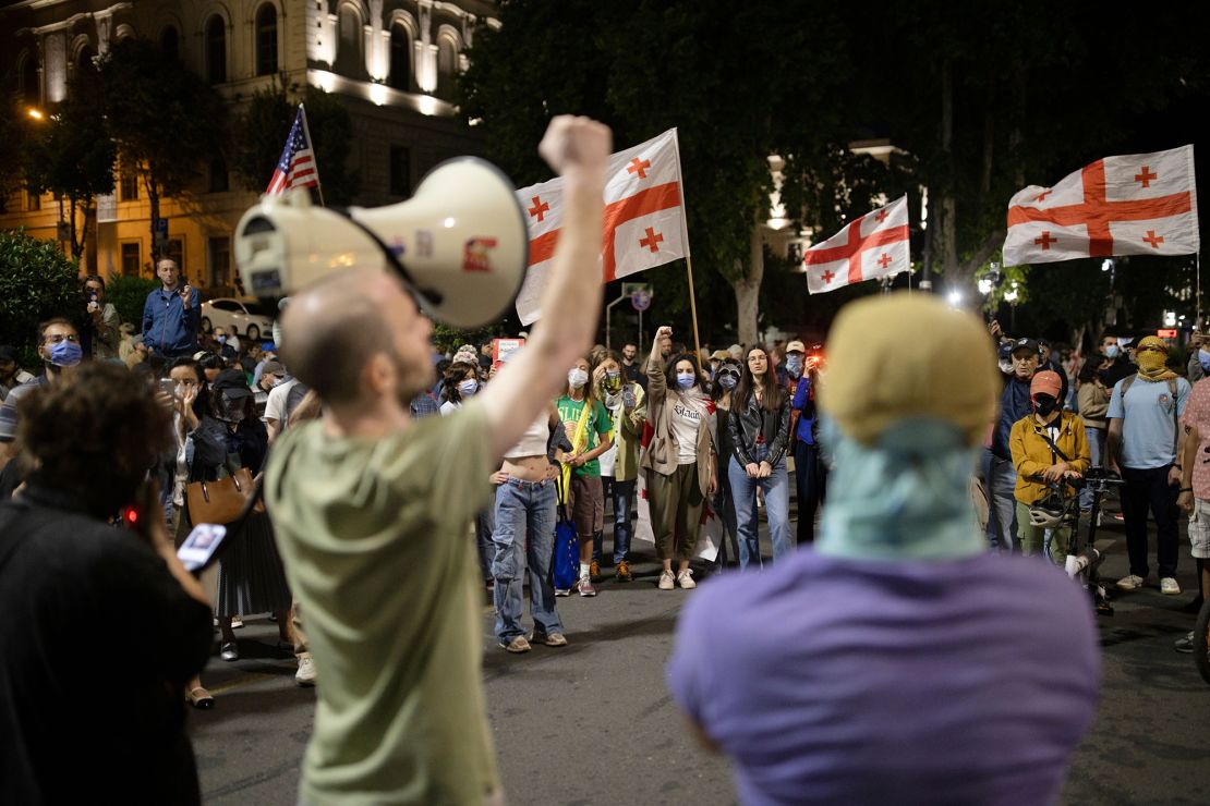 Protesters gather in the capital on June 22, 2025 to demand the release of prisoners of conscience and new elections in Georgia.