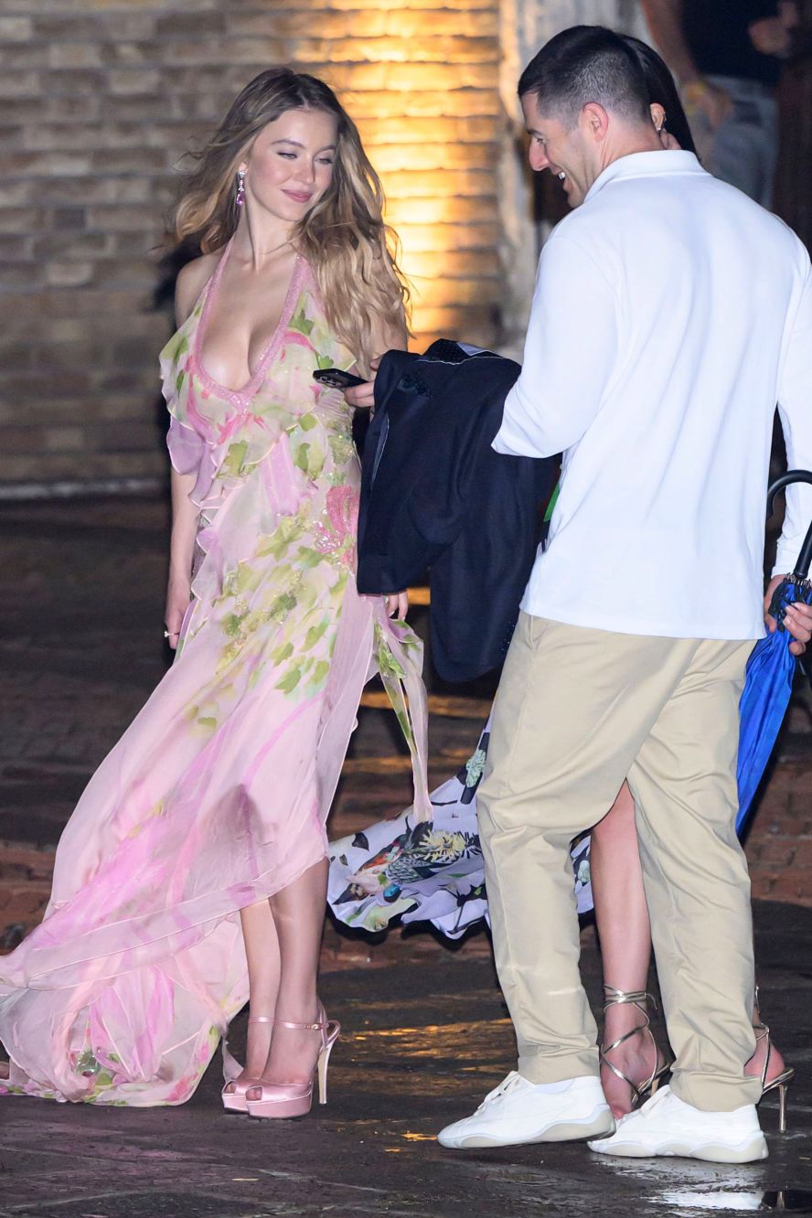 Sweeney in vintage Elie Saab leaves the Madonna dell'Orto church on Thursday, June 26.