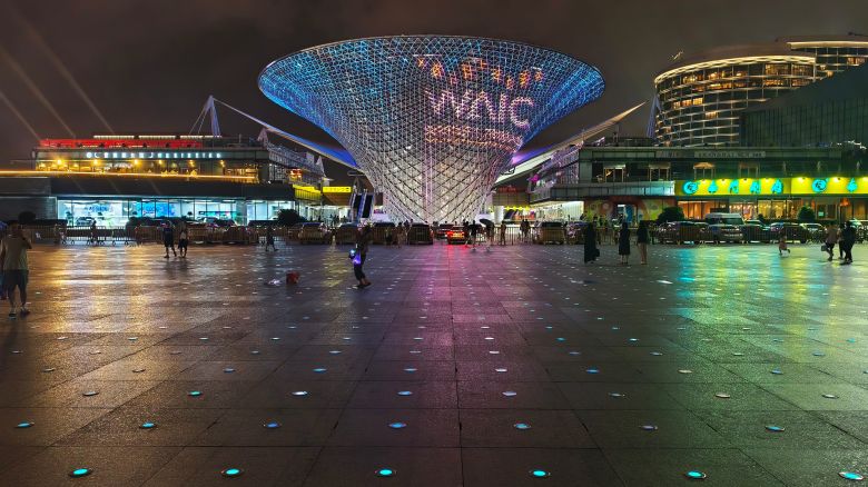 The World Artificial Intelligence Conference light show takes place outside The River Mall building in Shanghai, China, on July 27, 2025.