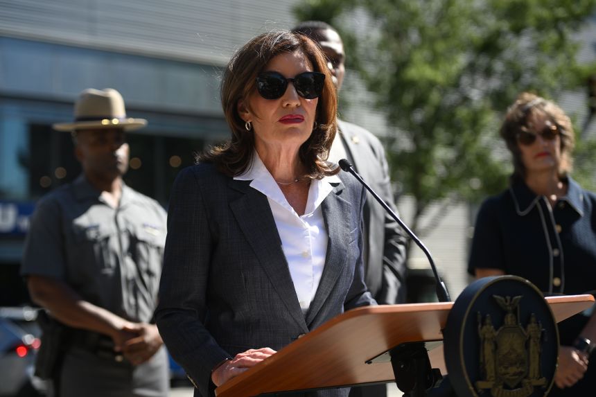 Governor Kathy Hochul holds a press conference in Harlem to speak with local business leaders to highlight the state's progress in combatting organized retail theft on August 26, 2025 in New York City.