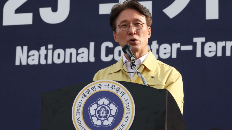 South Korean Prime Minister Kim Min-seok speaks during an anti-terrorism drill at the Korea Multi-purpose Accelerator Complex in Gyeongju, North Gyeongsang Province, southeastern South Korea on September 26 2025.