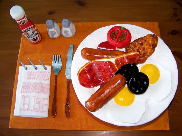 <strong>Sweet and savory:</strong>  A cake made to look like a full English breakfast, created by chef Paul James, from Colchester in southeast England.