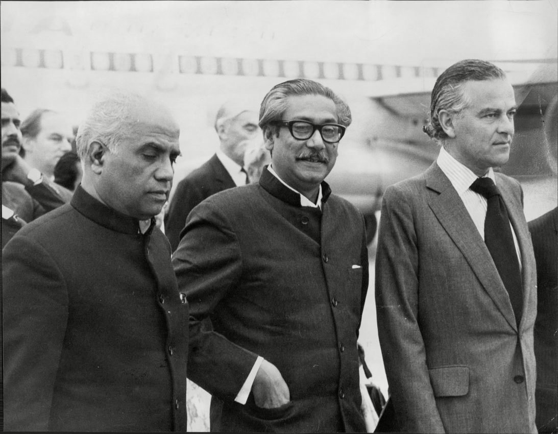 Hasina's father and independence hero Sheikh Mujibur Rahman (center) in July 27, 1972.
