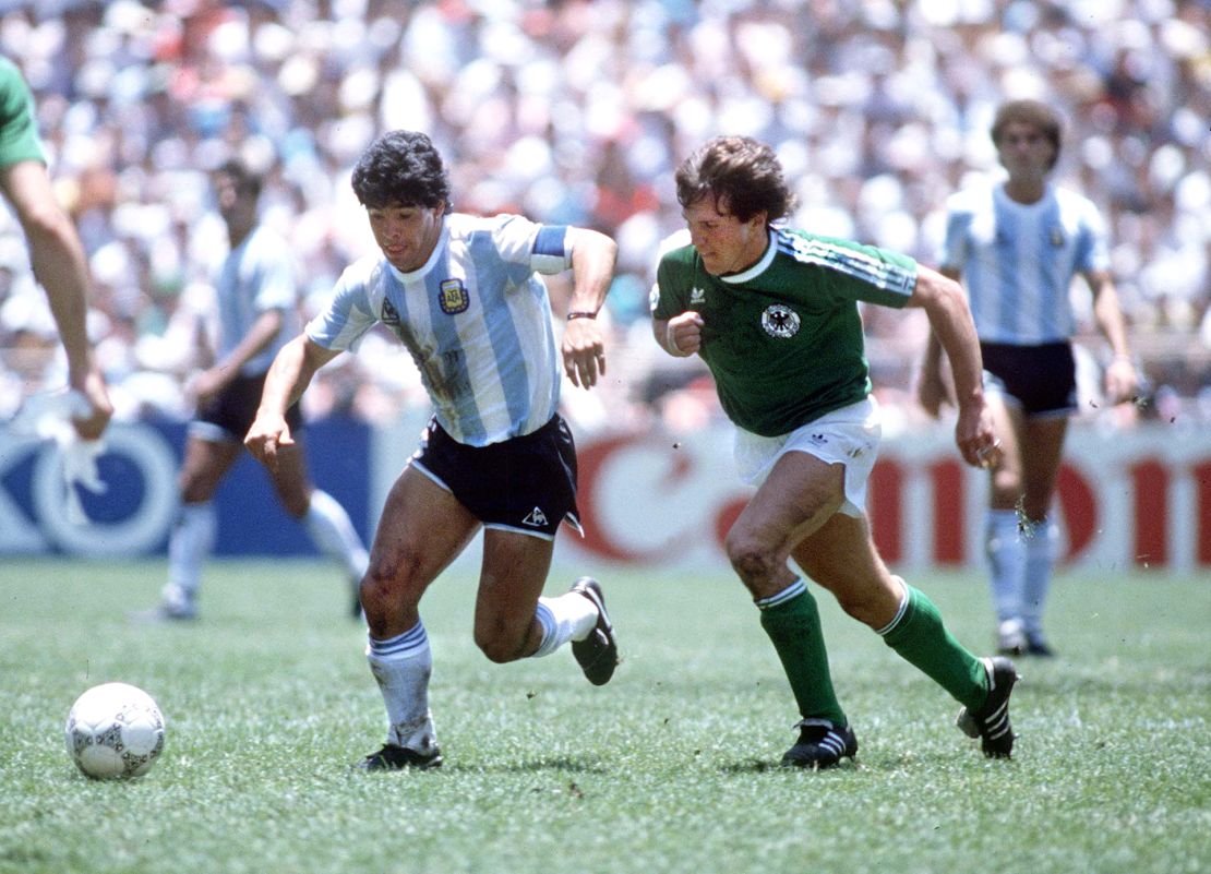 Maradona controls the ball during the 1986 World Cup final against West Germany.