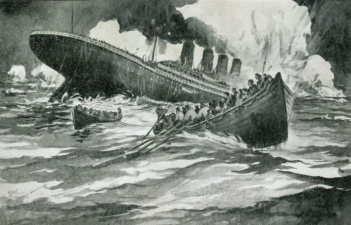 An illustration of the RMS Titanic  sinking in 1912 after hitting an iceberg in the North Atlantic. The shipwreck is now a site for visitors traveling by submersible.