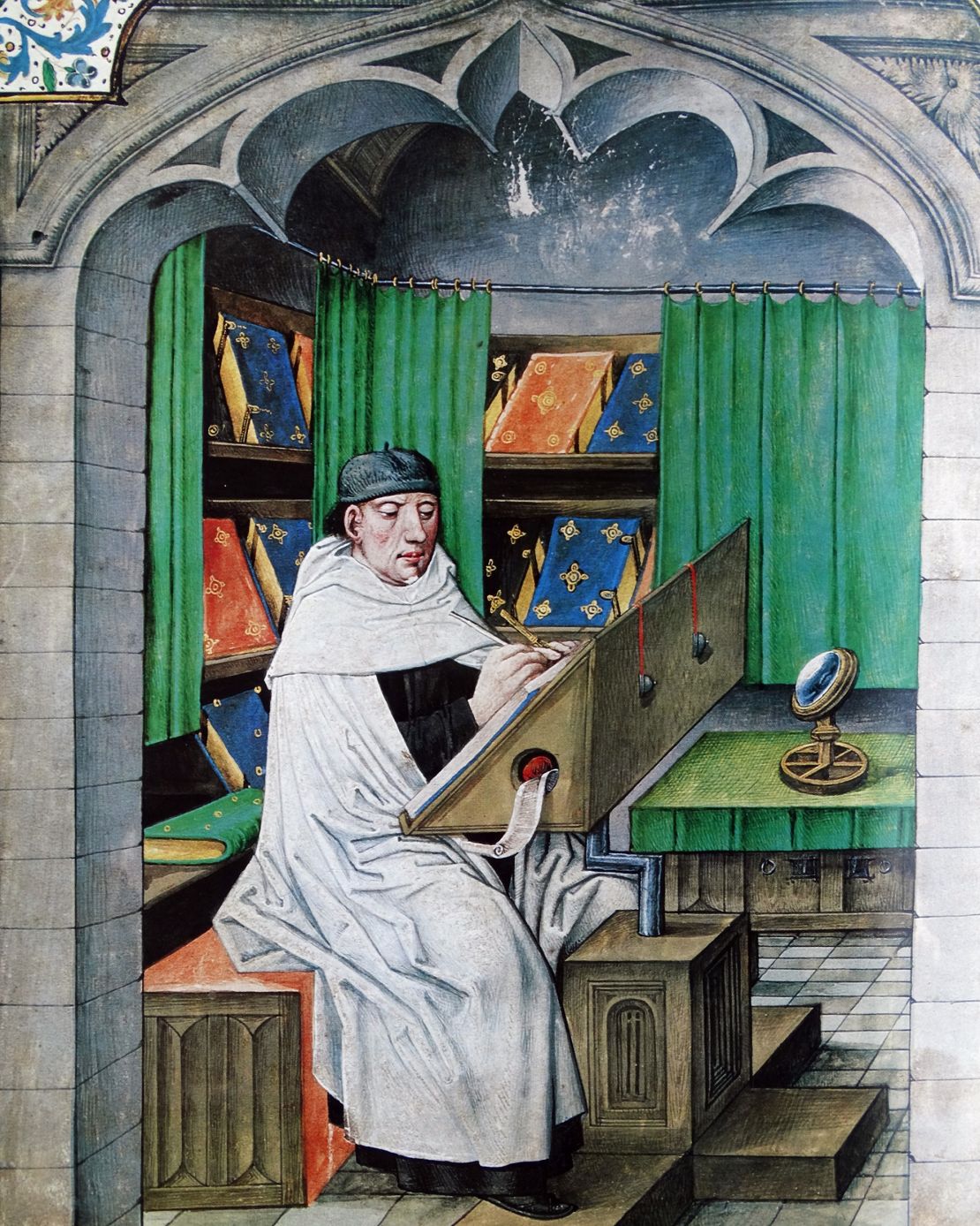 A 15th-century portrait of the Dominican friar Vincent of Beauvais, shown writing in his private study.