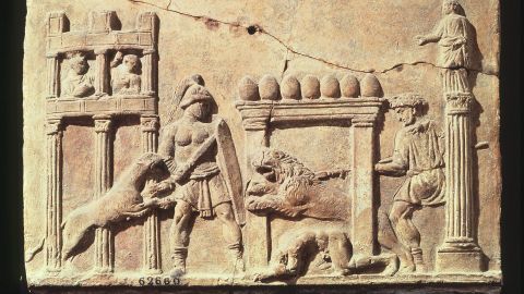 Mandatory Credit: Photo by Gianni Dagli Orti/Shutterstock (5850752qs)
Lion fight in the circus, relief, terracotta, 1st century AD Roman
Art (Archaeology) - various
Location: Museo Nazionale Terme Rome